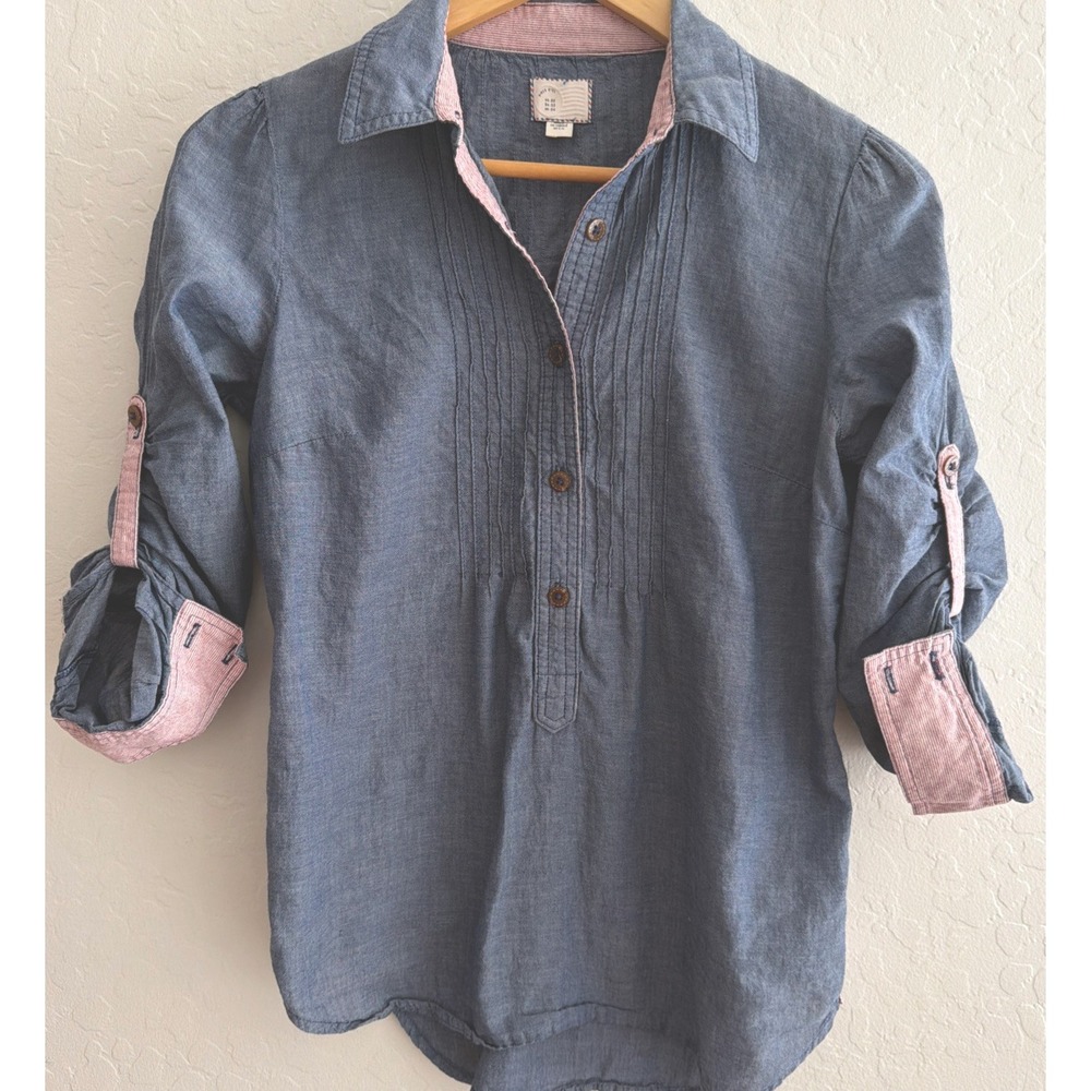Anthropologie Postmark 00 Chambray Pintuck Popover Shirt Roll Tab Sleeves USA